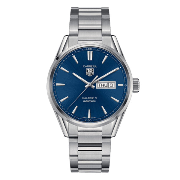 Tag Heuer Carrera Calibre 5 Silver Stainless Steel Blue Dial Automatic Watch for Gents - WAR201EBA0723