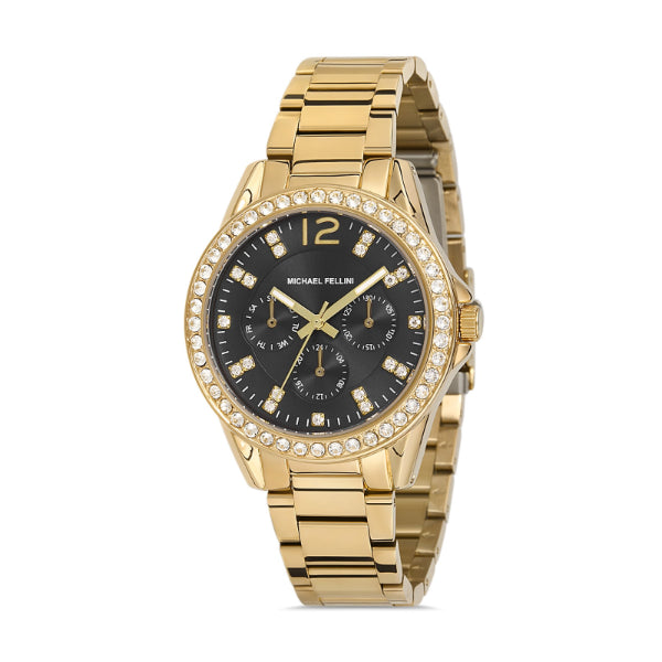 Michael Fellini Gold Stainless Steel Black Dial Quartz Watch for Ladies - MF2160-6