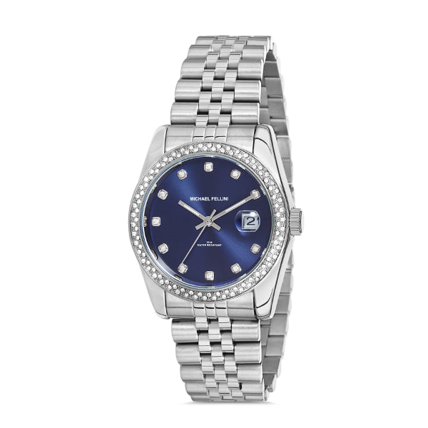 Michael Fellini Silver Stainless Steel Navy Blue Dial Quartz Watch for Ladies - MF2222-2