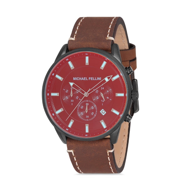 Michael Fellini Brown Leather Strap Red Dial Chronograph Quartz Watch for Gents - MF2224-3