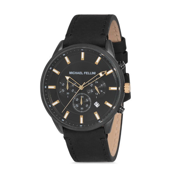 Michael Fellini Black Leather Strap Black Dial Chronograph Quartz Watch for Gents - MF2224-5