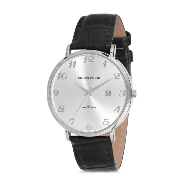 Michael Fellini Black Leather Strap Silver Dial Quartz Watch for Gents - MF2226-1