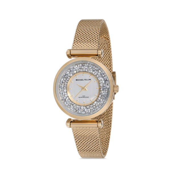 Michael Fellini Gold Mesh Bracelet Silver Dial Quartz Watch for Ladies - MF2234-2