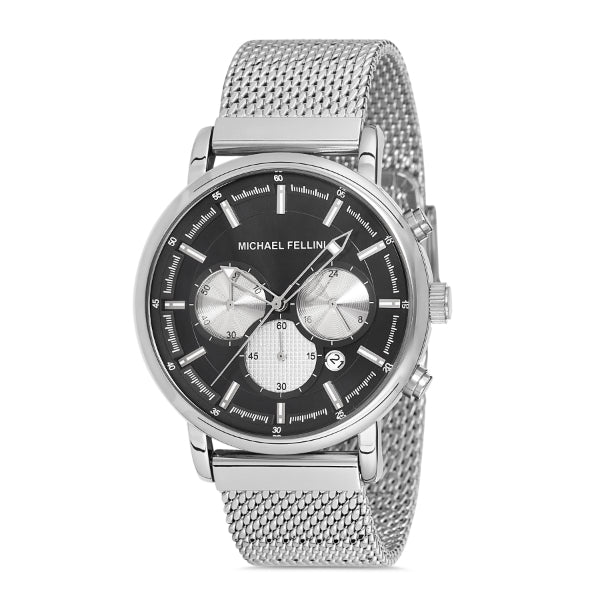 Michael Fellini Silver Mesh Bracelet Black Dial Quartz Watch for Gents - MF2243-3