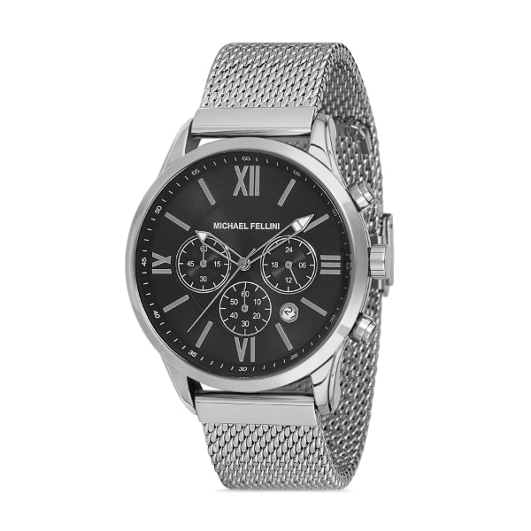 Michael Fellini Silver Mesh Bracelet Black Dial Quartz Watch for Gents - MF2253-3