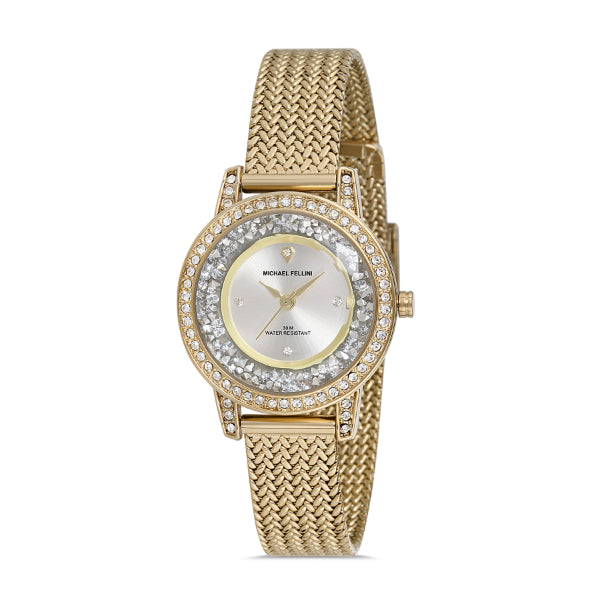 Michael Fellini Gold Mesh Bracelet Silver Dial Quartz Watch for Ladies - MF2254-3