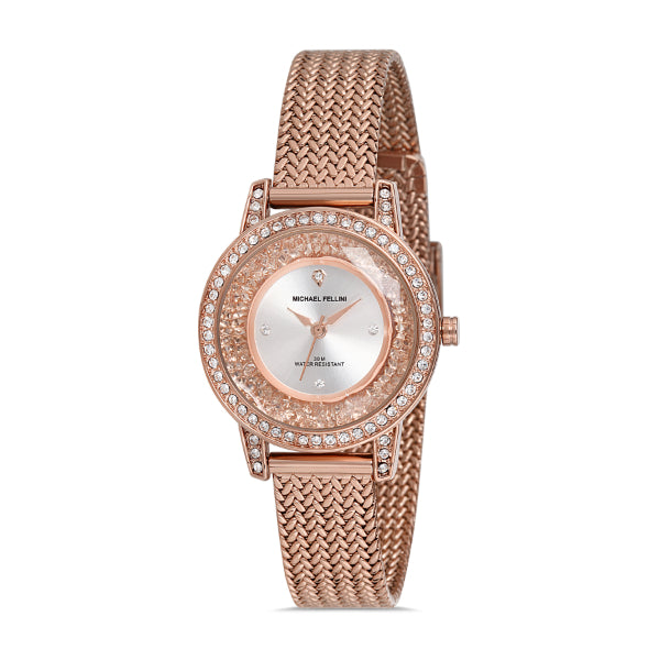 Michael Fellini Rose Gold Mesh Bracelet Silver Dial Quartz Watch for Ladies - MF2254-4