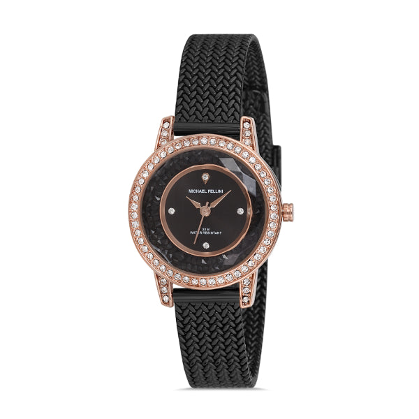 Michael Fellini Black Mesh Bracelet Black Dial Quartz Watch for Ladies - MF2254-6