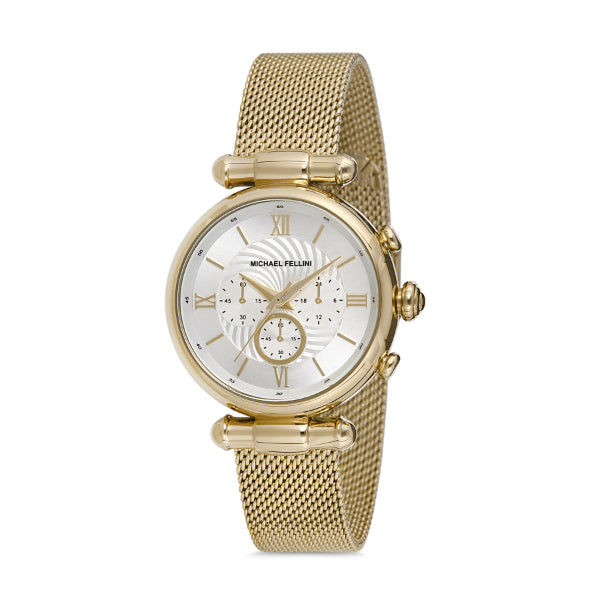 Michael Fellini Gold Mesh Bracelet Silver Dial Quartz Watch for Ladies - MF2255-3