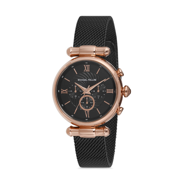 Michael Fellini Black Mesh Bracelet Black Dial Quartz Watch for Ladies - MF2255-6