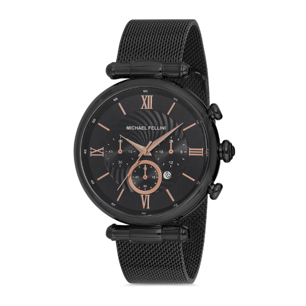 Michael Fellini Black Mesh Bracelet Black Dial Quartz Watch for Gents - MF2256-6