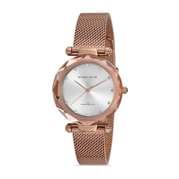 Michael Fellini Rose Gold Mesh Bracelet Silver Dial Quartz Watch for Ladies - MF2257-3