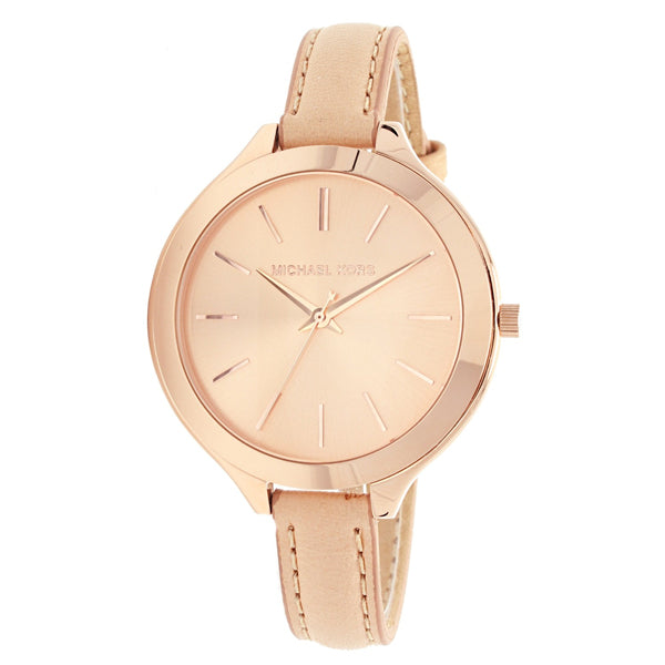 Michael Kors Slim Runway Beige Leather Strap Rose Gold Dial Quartz Watch for Ladies - MK-2274