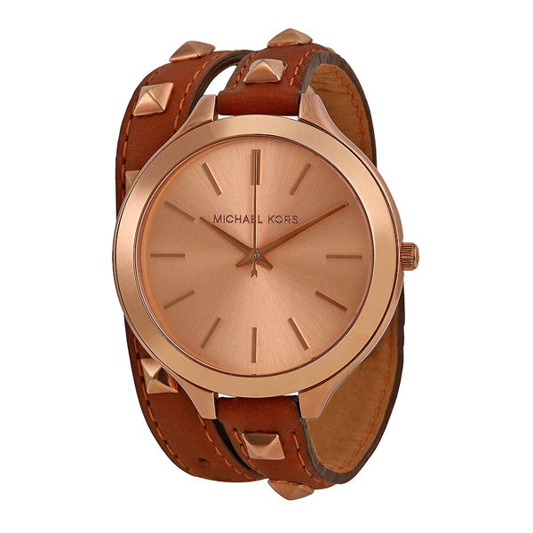 Michael Kors Slim Runway Brown Leather Strap Rose Gold Dial Quartz Watch for Ladies - MK-2299