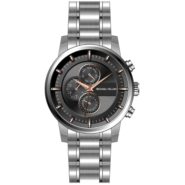 Michael Fellini Silver Stainless Steel Black Dial Chronograph Quartz Watch for Gents - MF-2343-02