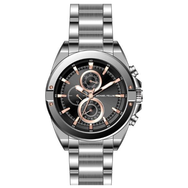 Michael Fellini Silver Stainless Steel Black Dial Chronograph Quartz Watch for Gents - MF-2345-02