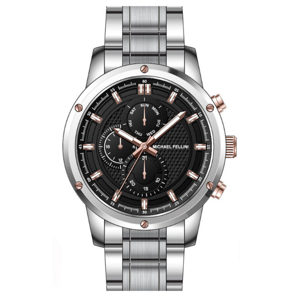 Michael Fellini Silver Stainless Steel Black Dial Chronograph Quartz Watch for Gents - MF-2348-03
