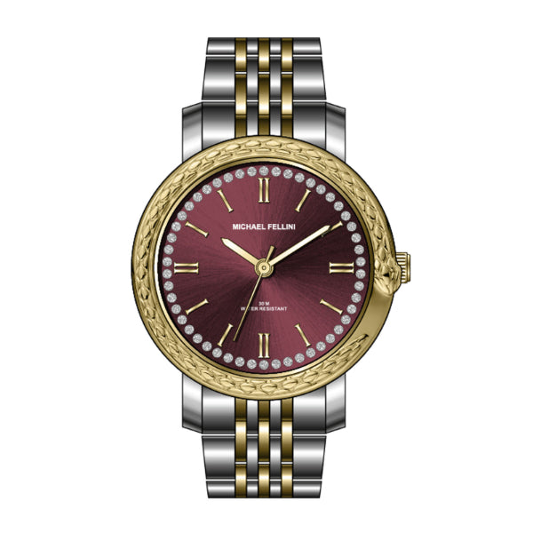 Michael Fellini Two-tone Stainless Steel Maroon Dial Quartz Watch for Ladies - MF2354-06