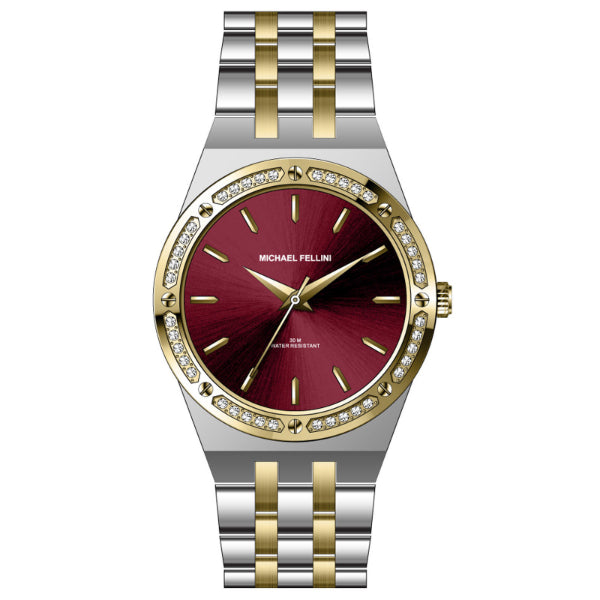 Michael Fellini Two-tone Stainless Steel Maroon Dial Quartz Watch for Ladies - MF2355-08