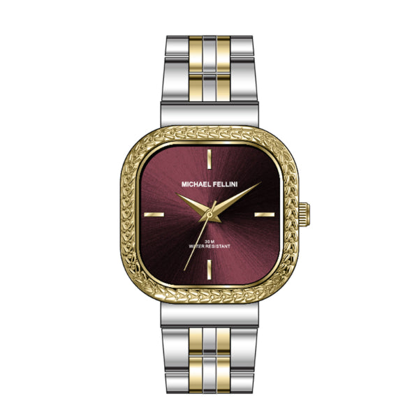 Michael Fellini Two-tone Stainless Steel Maroon Dial Quartz Watch for Ladies - MF2359-09