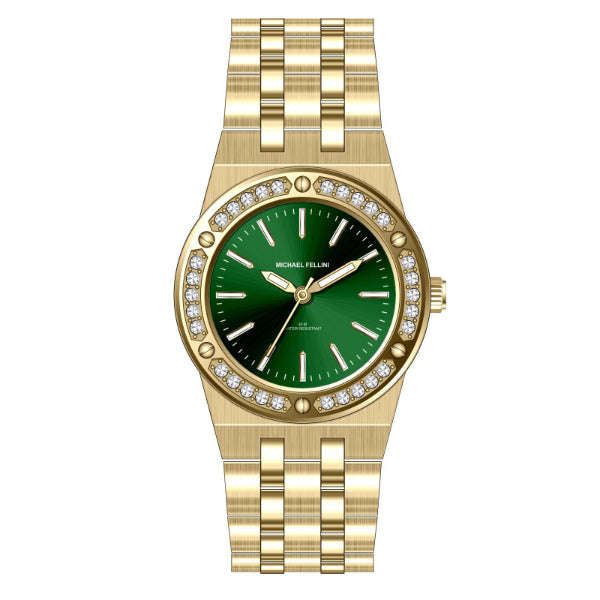 Michael Fellini Gold Stainless Steel Green Dial Quartz Watch for Ladies - MF2360-04