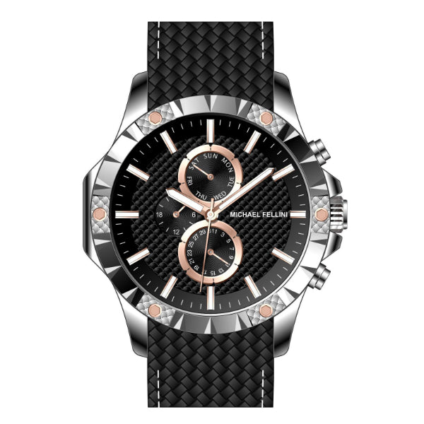 Michael Fellini Black Silicone Strap Black Dial Chronograph Quartz Watch for Gents - MF2365-02