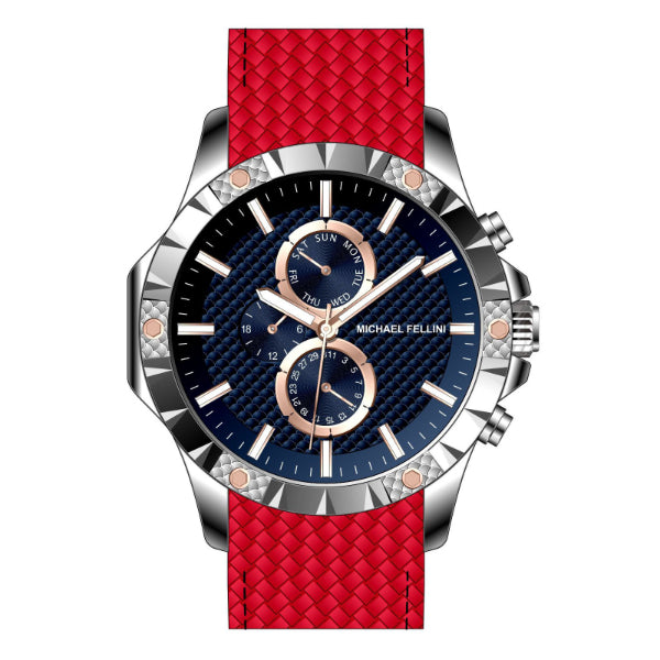 Michael Fellini Red Silicone Strap Blue Dial Chronograph Quartz Watch for Gents - MF2365-03