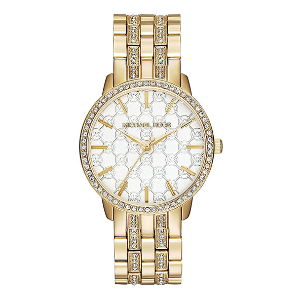 Michael Kors Lady Nini Logo Gold Stainless Steel White Dial Quartz Watch for Ladies - MK-3214