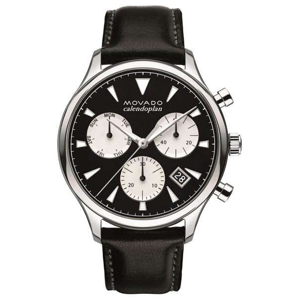 Movado Heritage Black Leather Black Dial Chronograph Quartz Watch for Gents - 3650005