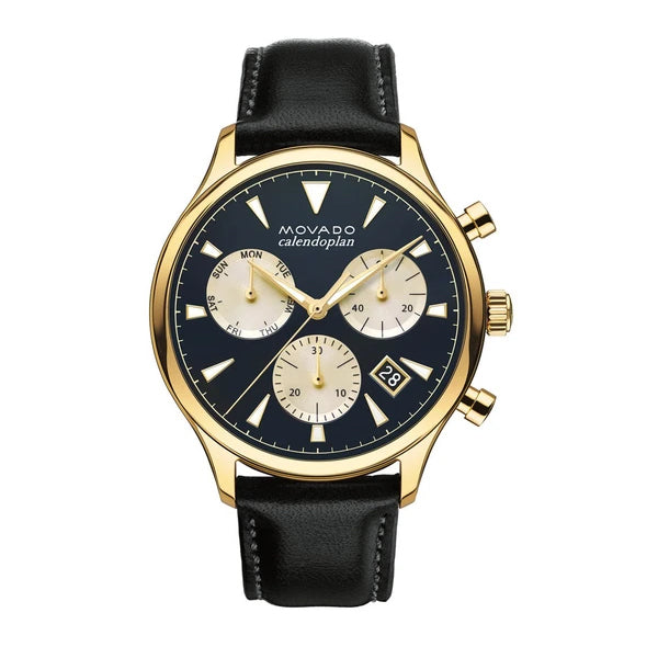 Movado Heritage Black Leather Black Dial Chronograph Quartz Watch for Gents - 3650006