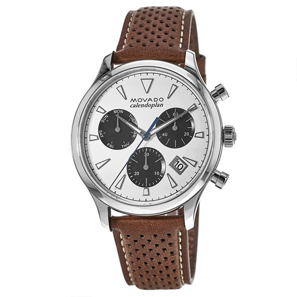 Movado Heritage Brown Leather White Dial Chronograph Quartz Watch for Gents- 3650008