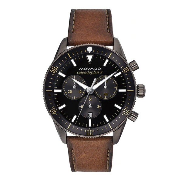 Movado Heritage Brown Leather Black Dial Chronograph Quartz Watch for Gents - 3650060