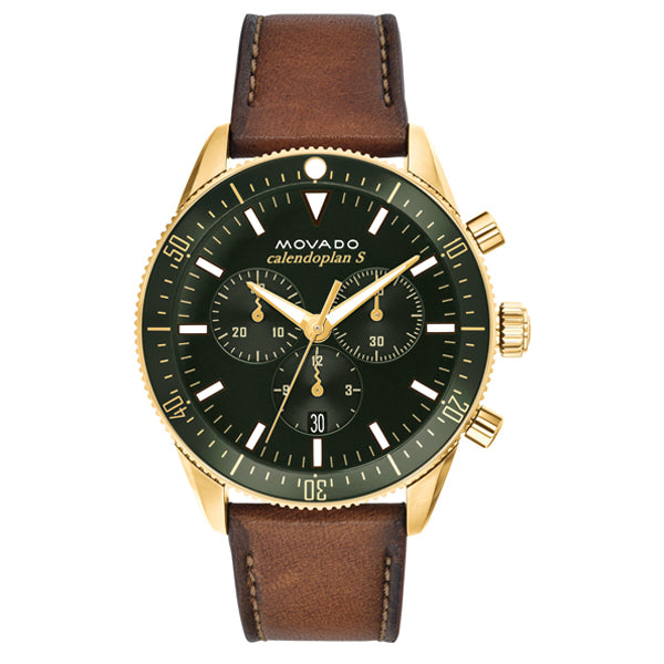Movado Heritage Cognac Leather Green Dial Chronograph Quartz Watch for Gents - 3650062