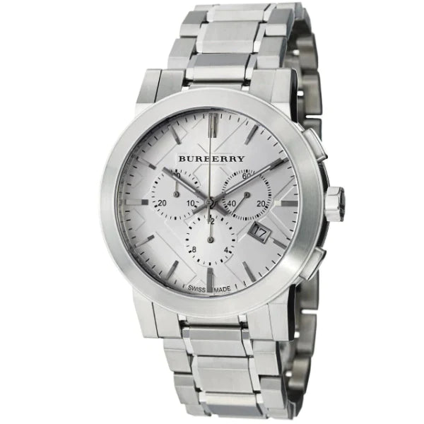 A Close up Front side view Burberry The City Silver Stainless Steel Silver Dial Chronograph Quartz Watch for Gents with White Background 