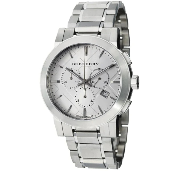 A Close up Front side view Burberry The City Silver Stainless Steel Silver Dial Chronograph Quartz Watch for Gents with White Background