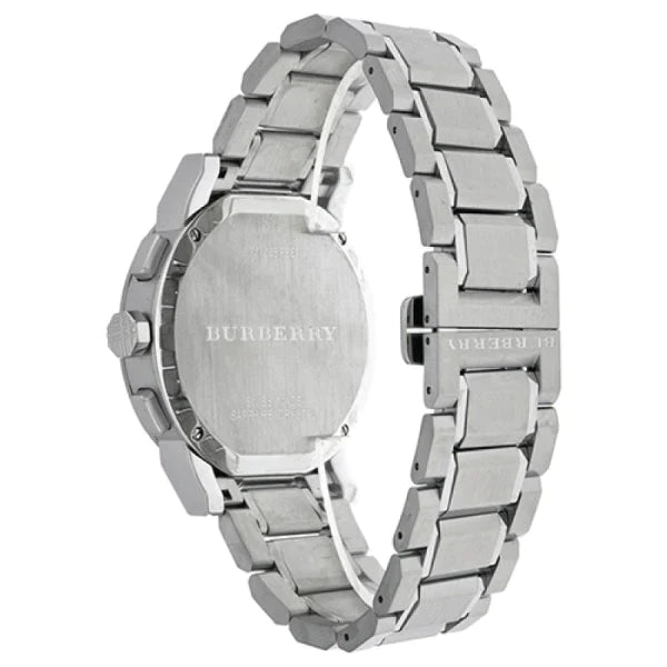 A Closeup Backside view of Burberry City Rose Gold Stainless Steel Nude Dial Quartz Watch for Ladies with White Background