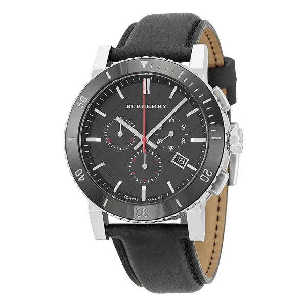 A Frontside of Burberry Black Leather Strap Black Dial Chronograph Quartz Watch for Gents with white background 