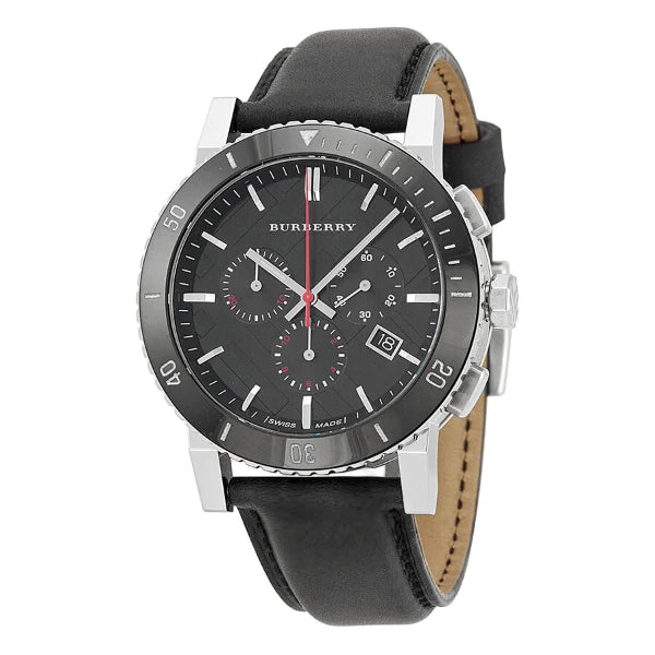 A Frontside of Burberry Black Leather Strap Black Dial Chronograph Quartz Watch for Gents with white background