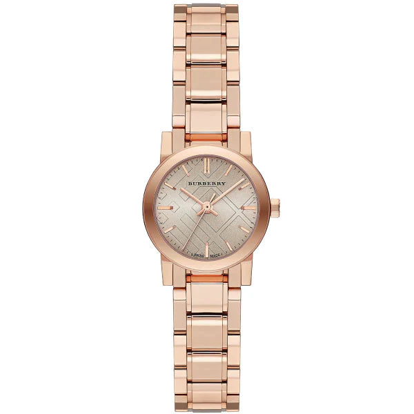 A Frontside View of Burberry City Rose Gold Stainless Steel Nude Dial Quartz Watch for Ladies  with White Background