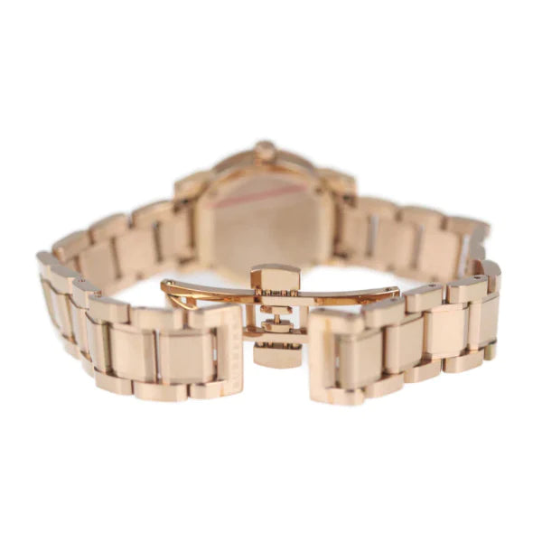 A Closeup of Burberry City Rose Gold Stainless Steel Nude Dial Watch lock with white background