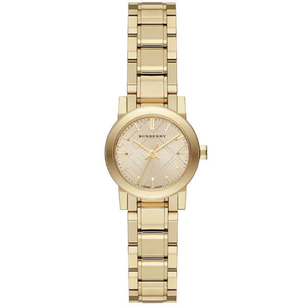 A close up fornt side of Burberry City Gold Stainless Steel Gold Dial Quartz Watch for Ladies with White Background