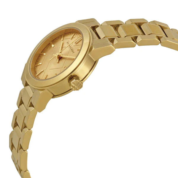 A Close up right side view of Burberry City Gold Stainless Steel Gold Dial Quartz Watch with White Background