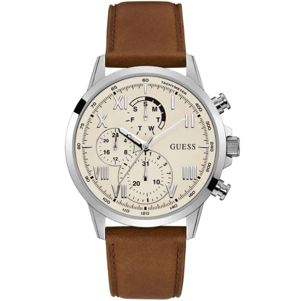 Guess Porter Brown Leather Strap White Dial Chronograph Quartz Watch for Gents - GW0011G1