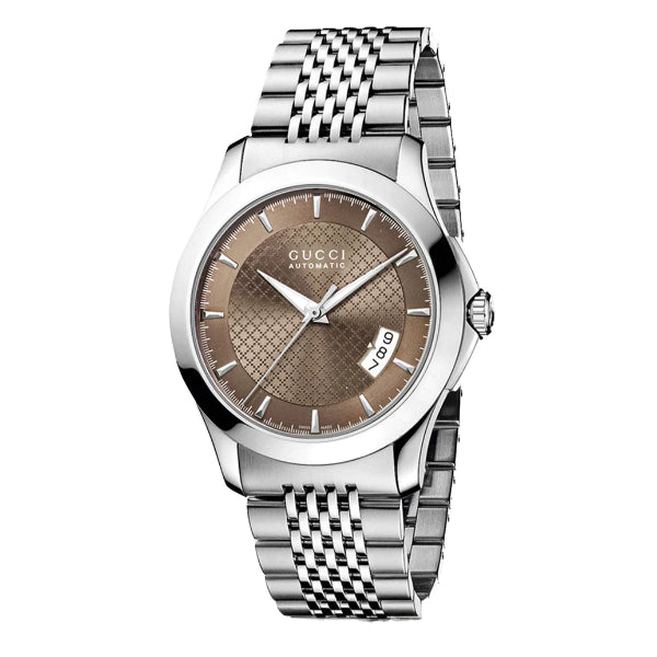 Gucci G-Timeless Silver Stainless Steel Brown Diamond Dial Automatic Watch for Gents - YA126412