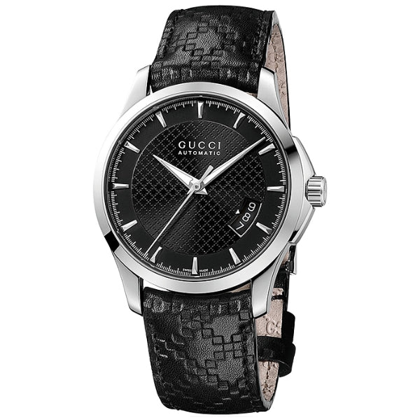 Gucci G-Timeless Black Leather Strap Black Diamond Dial Automatic Watch for Gents - YA126413