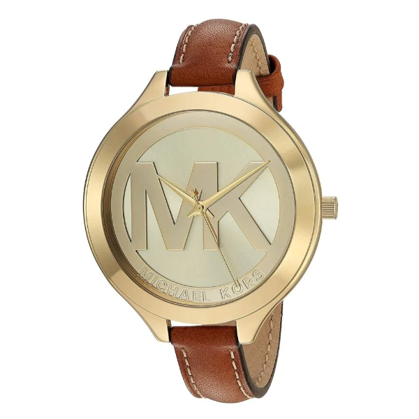 Michael Kors Slim Runway Brown Leather Strap Gold Dial Quartz Watch for Ladies - MK2326
