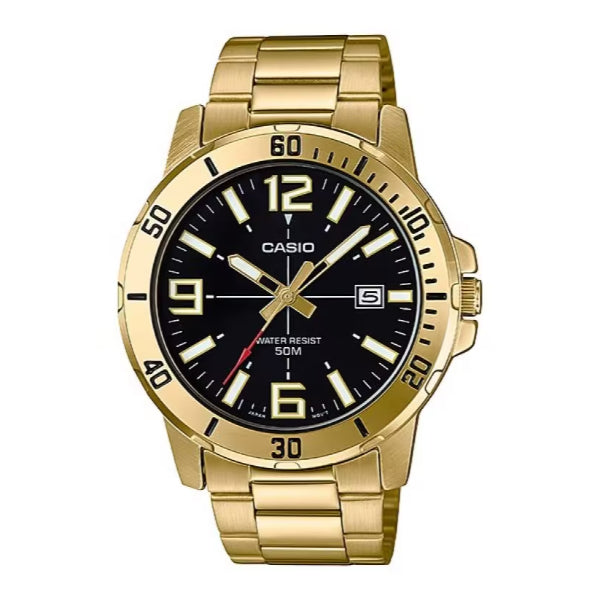 Casio Gold Stainless Steel Black Dial Quartz Watch for Gents - Casio MTP-VD01G-1BVUDF
