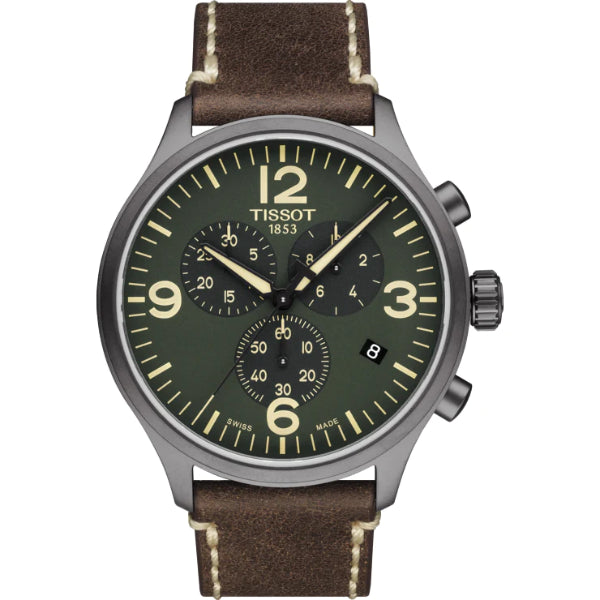 Tissot T-Sport Brown Leather Strap Green Dial Chronograph Quartz Watch for Men's - T116.617.36.097.00