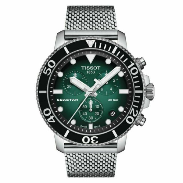 Tissot Seastar Silver Mesh Bracelet Green Dial Chronograph Quartz Watch for Men's - T120.417.11.091.00