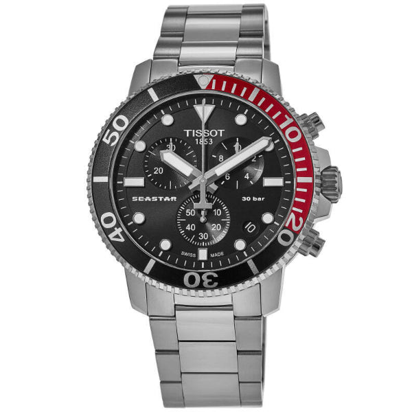 Tissot Seastar. Silver Stainless Steel Black Dial Chronograph Quartz Watch for Men's - T120.417.11.051.01